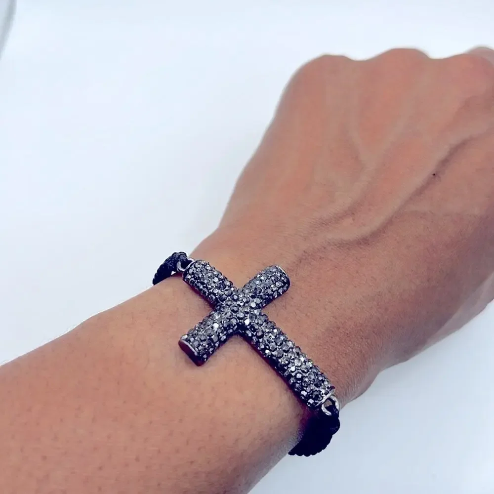 Vintage Rhinestone Religious Sideways Cross Adjustable Bracelet